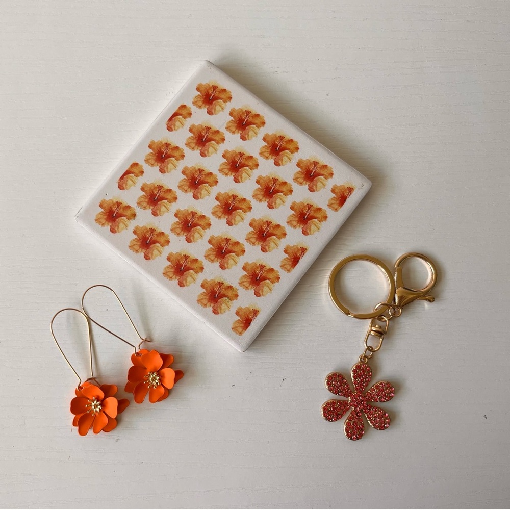 Floral ceramic Coaster with Earrings and Keychain Set